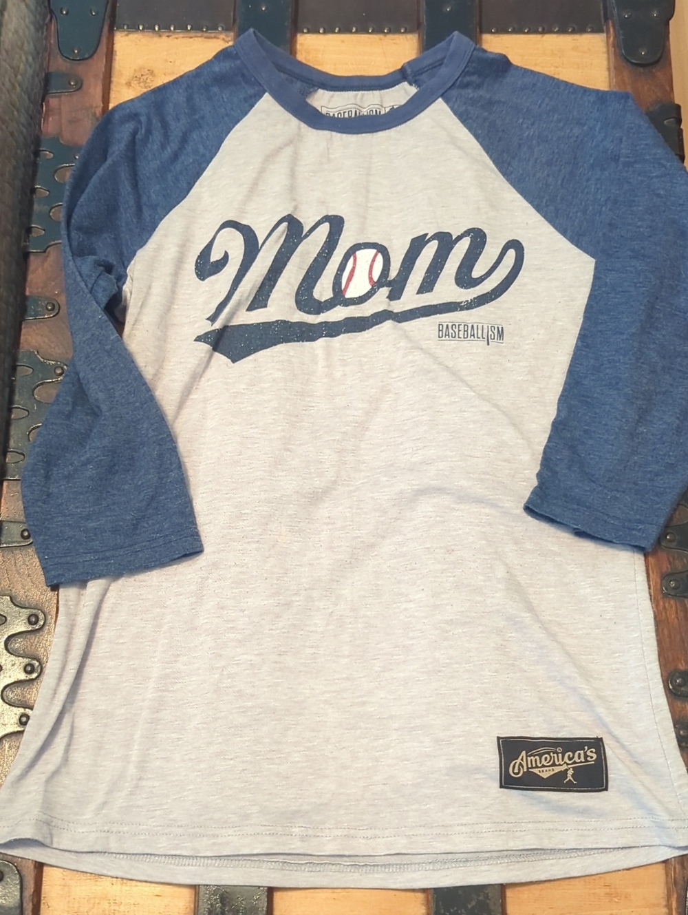 Baseball Mom Raglan Tee - Blue and Heather Gray